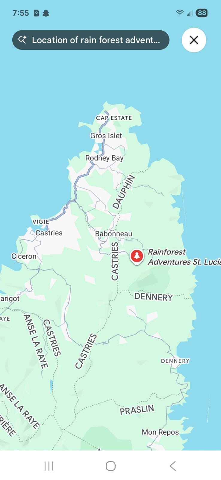 Map showing Rainforest Adventures in relation to Castries and northern Saint Lucia